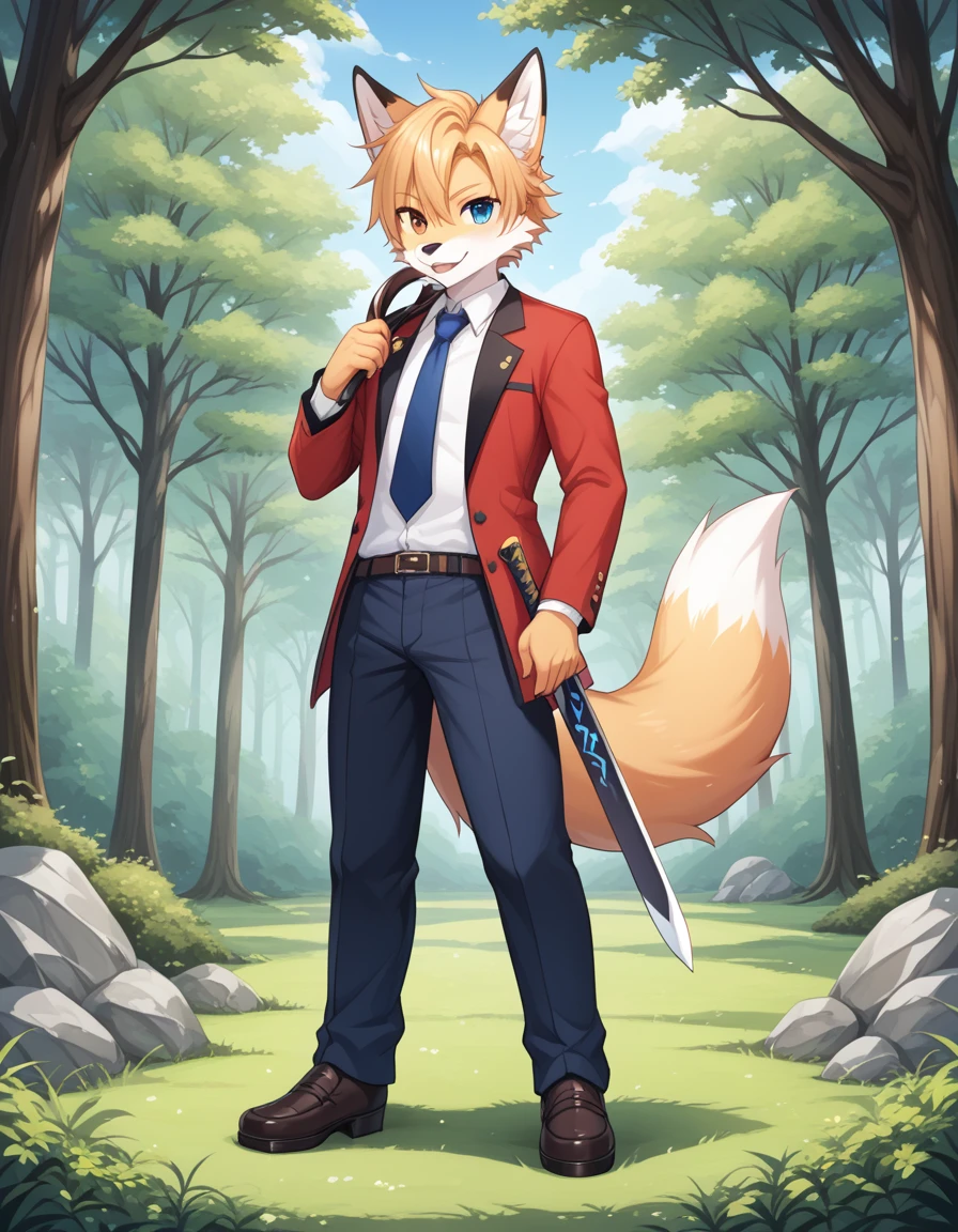 毛茸茸of, Fraction_of, pushrod, fox, 独自of, furry , 毛茸茸of, Blue and white, sword, Tail, 可爱of, 短of, Heterochromia, Cartoon, Flat Color, 简单of阴影, Full body portrait,Forest Background, 模糊of背景,幼小of，male