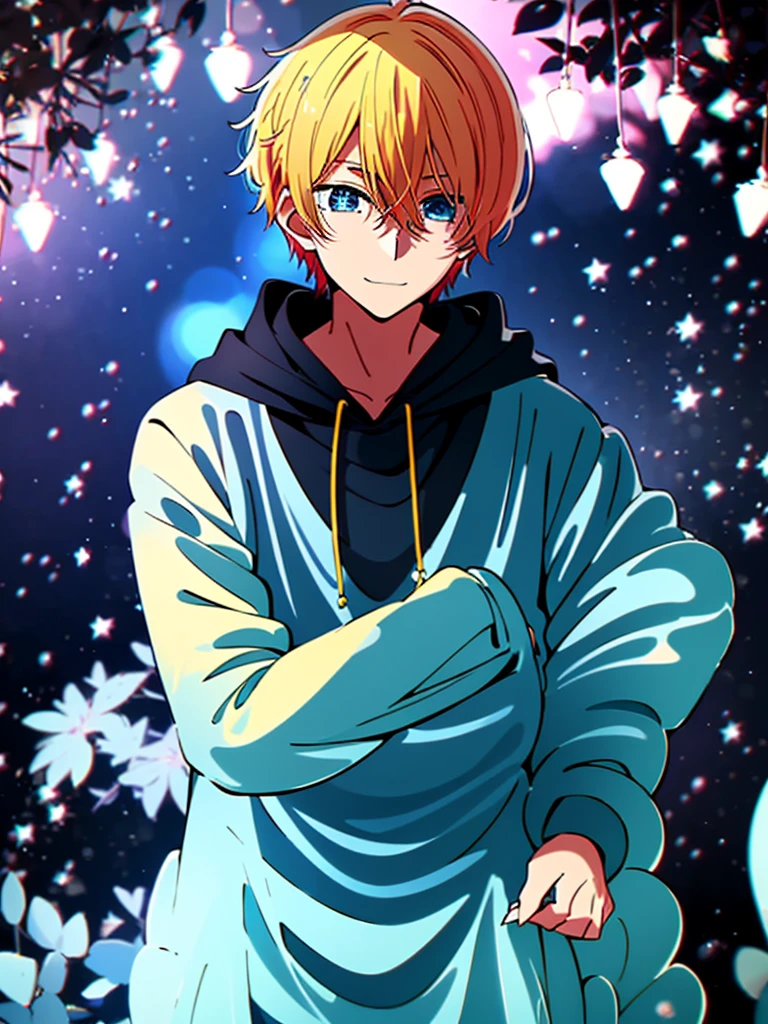 Highest quality、high resolution、My Favorite 、Aqua Hoshino、************、172 cm、Blonde、Blue Eyes、Star-shaped highlight in right eye、Handsome、Intelligent、A mature and gentle personality、Creepy Smile、Black hoodie