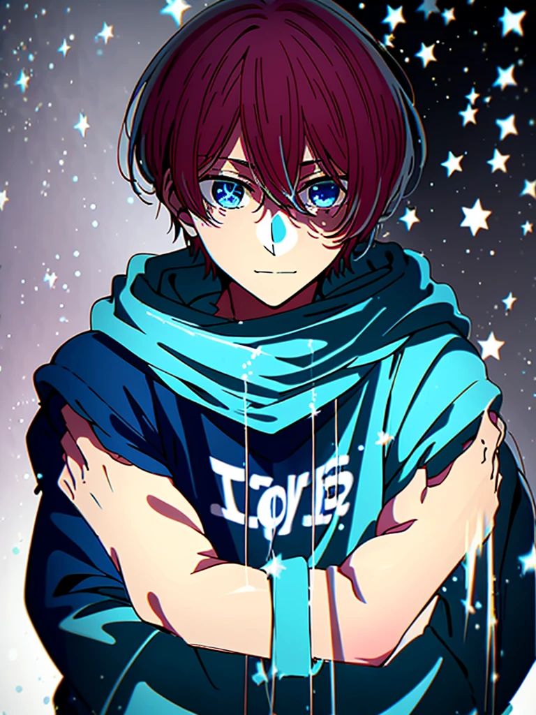 Highest quality、high resolution、My Favorite 、Aqua Hoshino、************、172 cm、Blonde、Blue Eyes、Star-shaped highlight in right eye、Handsome、Intelligent、A mature and gentle personality、Creepy Smile、Black hoodie