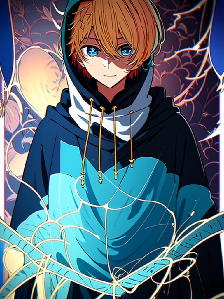 Highest quality、high resolution、My Favorite 、Aqua Hoshino、、172 cm、Blonde、Blue Eyes、Star-shaped highlight in right eye、Handsome、Intelligent、A mature and gentle personality、Creepy Smile、Black hoodie