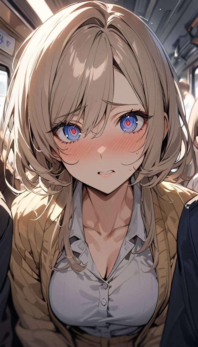 masterpiece, High resolution, perfect face, Japan beauties, 30 years old, beautiful face, in the crowded train, high school student, embarrassed look, look at the camera, (top quality eyes), detailed texture, Look at me, Married woman, cool women, ((high resolution eyes)), hentai