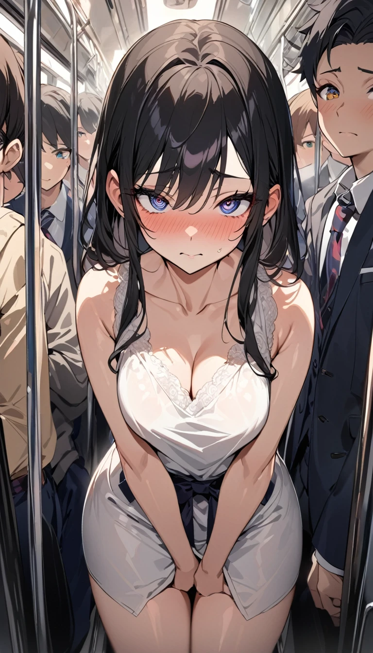 A beautiful with long black hair reaching down to her waist, on a crowded train, Her bra size is H cup。She is surrounded by men and is scared.。The men unhooked her bra、She looks down shyly。The men are fondling her breasts。She asks for help from people around her、They just ignore her。, Leaving her in despair, the men flick her clit violently.