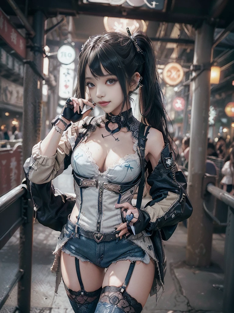 (Full Body View:1.4)、(Full body:1.4)、(Side view:1.1)、(Smiling with teeth showing:1.3),(Shibuya Gal:1.5)、(Hostess:1.4)、(gothic fashion:1.5)、(Punk RockVisual Kei:1.3)、(Futuristic baby doll in black, white and denim:1.5)、(A delicate jacket in denim, beige and navy:1.5)、(Denim garter belt:1.5)、(Denim and black and white bodysuit:1.4)、(Heart-shaped silver accessories:1.5)、(Brown Skin Belt:1.4)、(Blue High Heels:1.4)、(Lace patterned underwear:1.4)、20-year-old、NSFW,((Highest quality、In 8K、masterpiece:1.3))、Sharp focus:1.2、(Layered Cut、Beautiful boobs:1.1),Beautiful woman with perfect figure:1.4、(Doing an aerobics pose:1.3)、Slender Abs:1.2、Butt、Highly detailed face and skin texture、Detailed eyes、double eyelid,(Twin tails:1.3)、(Black brown hair:1.3)、Obscene、Gravure idol、(Luxurious amusement park at night:1.3)、(Make your legs thinner:1.4)、(Thin thighs:1.4)、(Slim Body:1.3)、(clavicle:1.1)