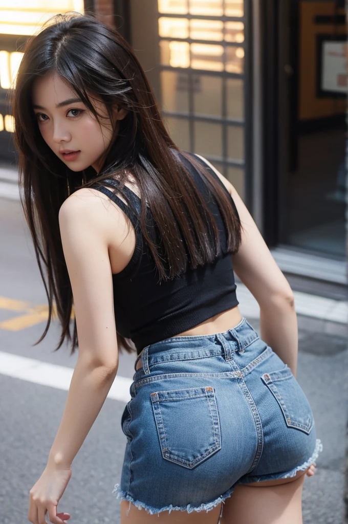 Lee Ji Eun (Best quality, 8k, 32k, Masterpiece, UHD:1.2), ((Composition from head to thighs:1.5)), ((backwards:1.8, Point your small tiny butt at the camera:0.8, Japanese-style room at the ryokan:1.8)), ((Denim suit:1.8)), (smile:1.5), erect nipples, 1 girl, solo, 18-year-old, 7 head and body, Ideal flat ratio body proportions, black hair, With bangs, small breasts, slender, small butt, beautiful feet, skinny legs, Surrealism, cinematic lighting, Depth of bounds written, first person perspective, Breasts F/1.8, 135mm, ticker, muste piece, curate, ((anatomically correct:1.3)), textured skin, super detail, high details, high quality, Awards, best quality, High resolution, 8K