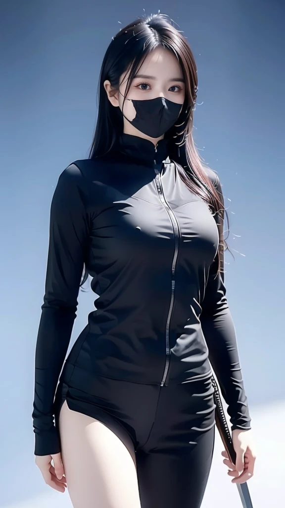 a girl, All black ninja outfit,hanging sword behind ,Whole body, sunlight, Clear Face, Clean white background, masterpiece, super detail, Epic composition, ultra hd, High Quality, Very detailed, official art, Uniform wallpaper 8K, super detail, 32k - in 6