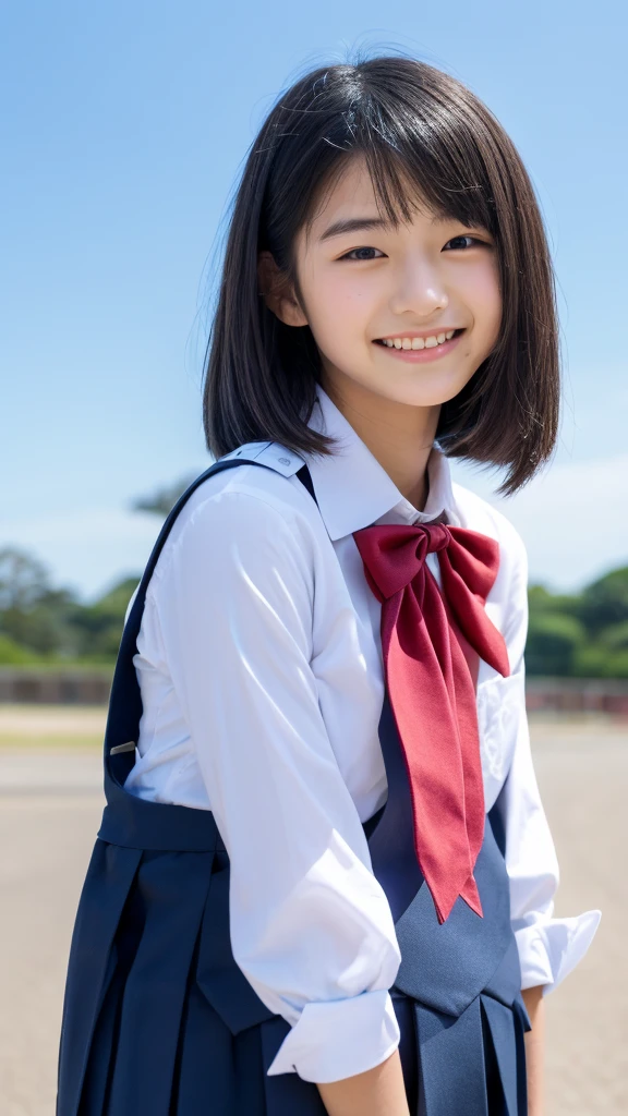 (masterpiece:1.2), Japanese, (((18 years old))), (a girl), hair bun, smiling, outdoor, collared shirt, bow tie, pleats skirt,