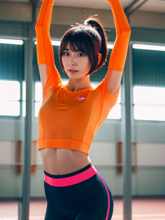 Best quality 8k resolution Ultra detailed Bright neon pink competition sportswear Serious facial expression Cute girl Abs Arms up Very short hair High waisted tights Flat chest Japanese Sharp focus Track and field club Very short hair 27 years old Sweating