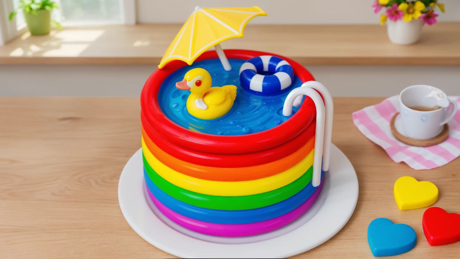 on a wooden table. there is a white plate. rainbow cake IMITATING POOL,  RAINBOW MASTIC STRIPES. blue water. plastic duck toy. nearby is a lifebuoy made of polymer clay, two white railings for the stairs, YELLOW PLASTIC UMBRELLA. on the table there is a pink checkered tablecloth with a cup on a plate, there are candy hearts on the table next to them, against the background of the kitchen, against the background of the window,  Fruit basket, vase with Flowers,  Beautiful light from the window, contour light, Multiple light sources, beautiful sunlight, Bright light source, bright lighting, beautiful light sources, Multiple light sources, Realistic style , realistic texture, detailed texture, a high resolution, high quality