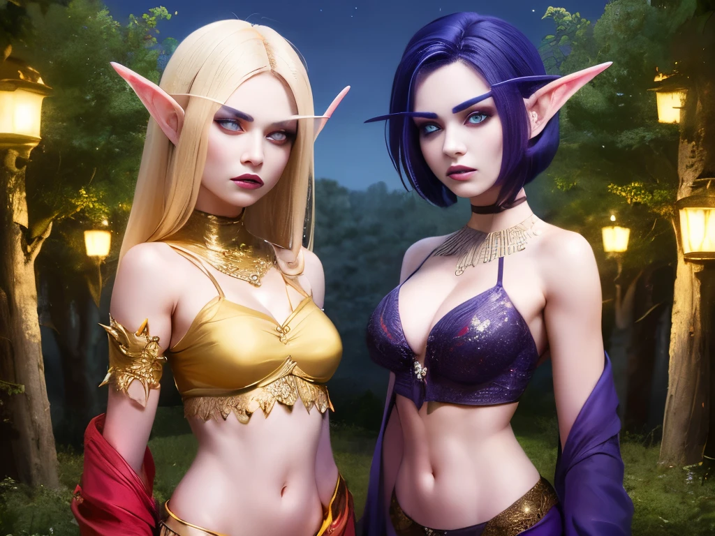 (Masterpiece, highly detailed, highly quality,  highly resolutions), 2heads, Right head, nightelf, angry, clenched teeth, glowing eyes, blue eyes, Purple Hair, colored skin, mature female, purple midriff, navel, purple spike shoulder pad, platinum trim, green leaves, jewelry, looking at viewer, forest, night, bare shoulders, spring season, 2heads, left head, bldelf, angry, clenched teeth, glowing eyes, yellow eyes, Blonde hair, colored sclera, mature female, red short shirt, navel, red shoulder pad, gold trim, yellow leaves, jewelry, looking at viewer, forest, day, bare shoulders, Fall season