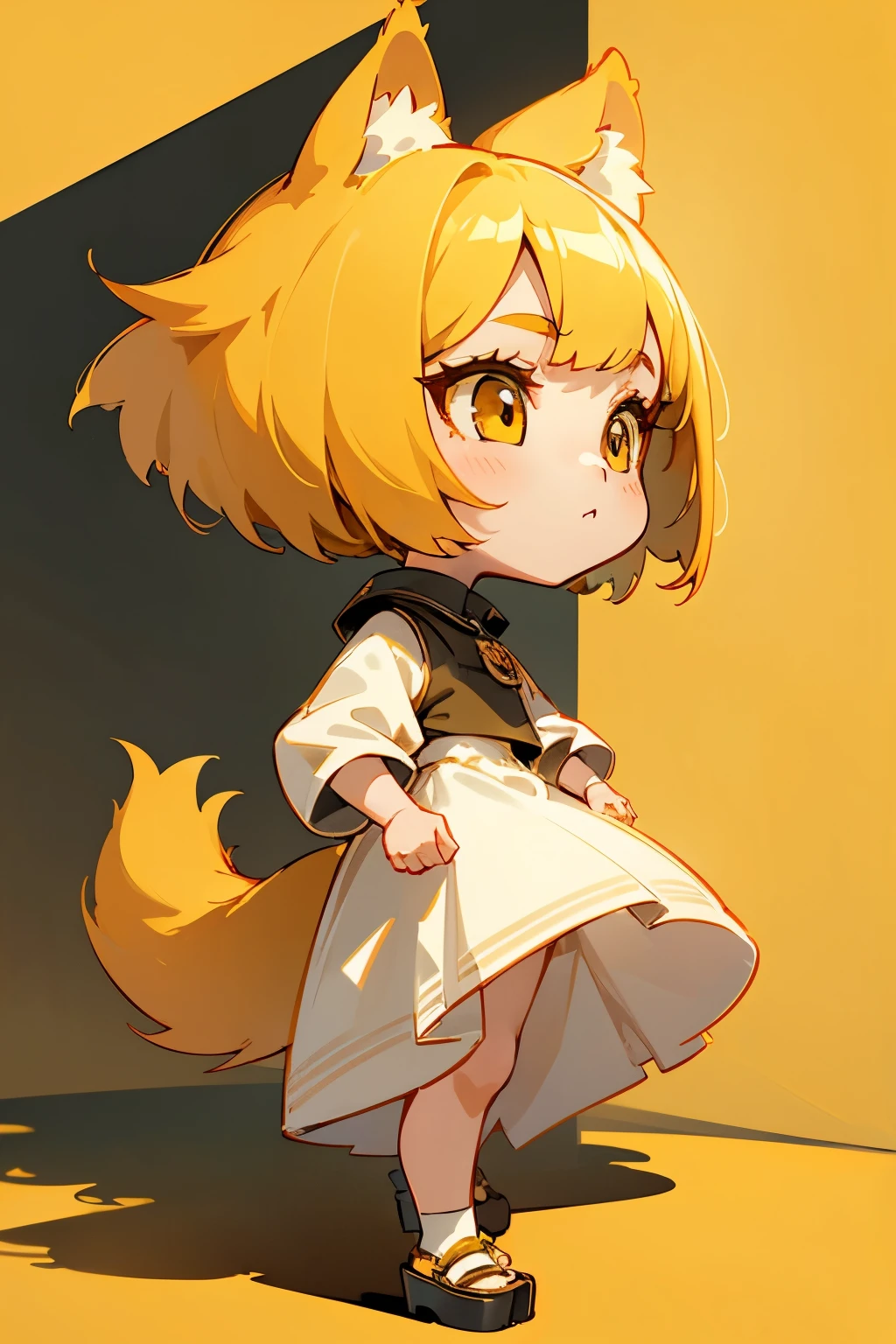girl, full body, side view, cartoon style, chibi style, cute, dog ear, beautiful face, yellow color eye, beautiful eye, high detailed pupil, double eyelid, high detailed skin, high quality skin, yellow color hair, bob cut hair, dog tail, white clothes, professional lighting, real shadow, masterpiece,