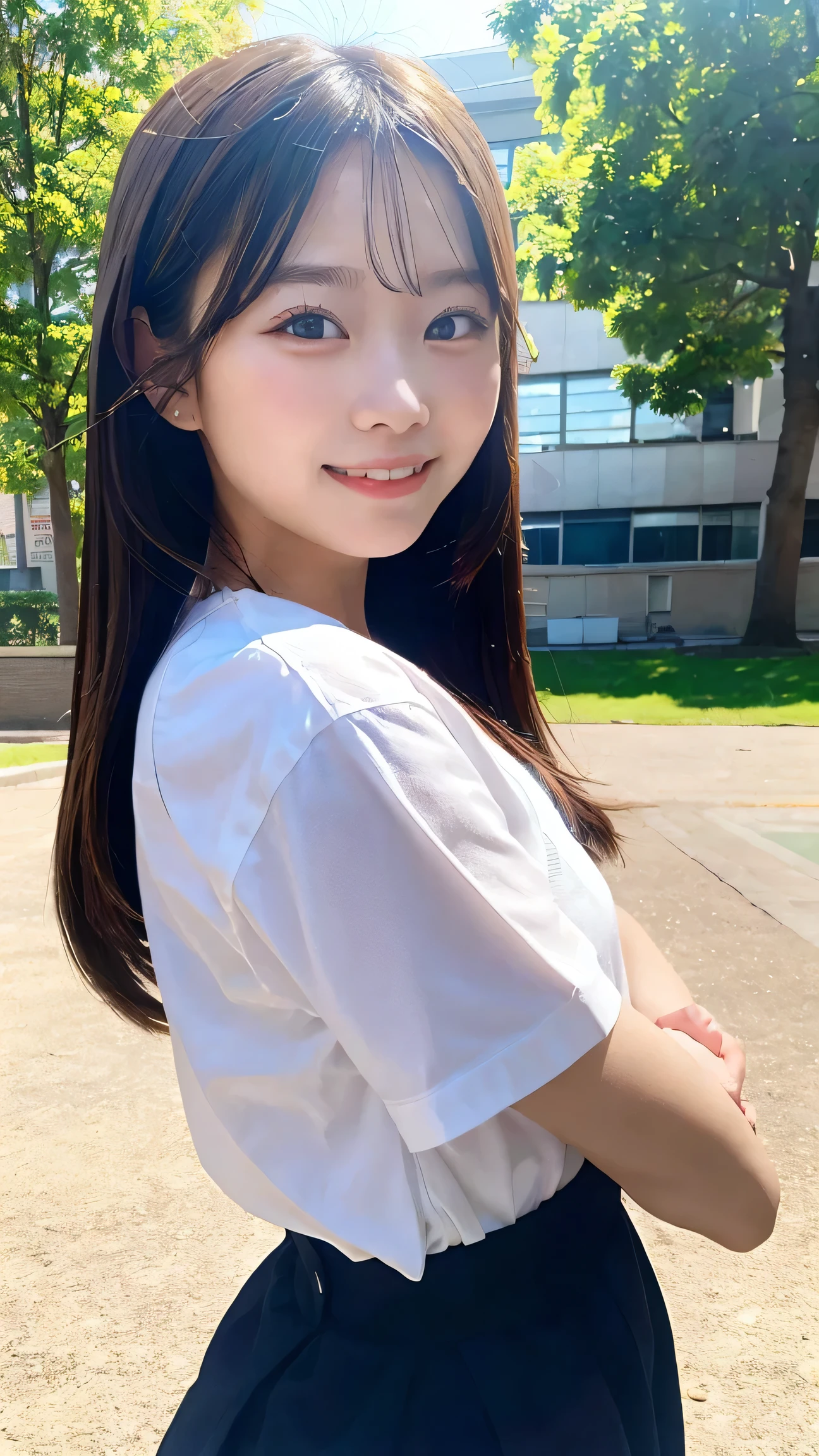 masterpiece, best quality, 1girl, , chatting with friends in schoolyard, happy expression, sunny day, natural light, detailed background