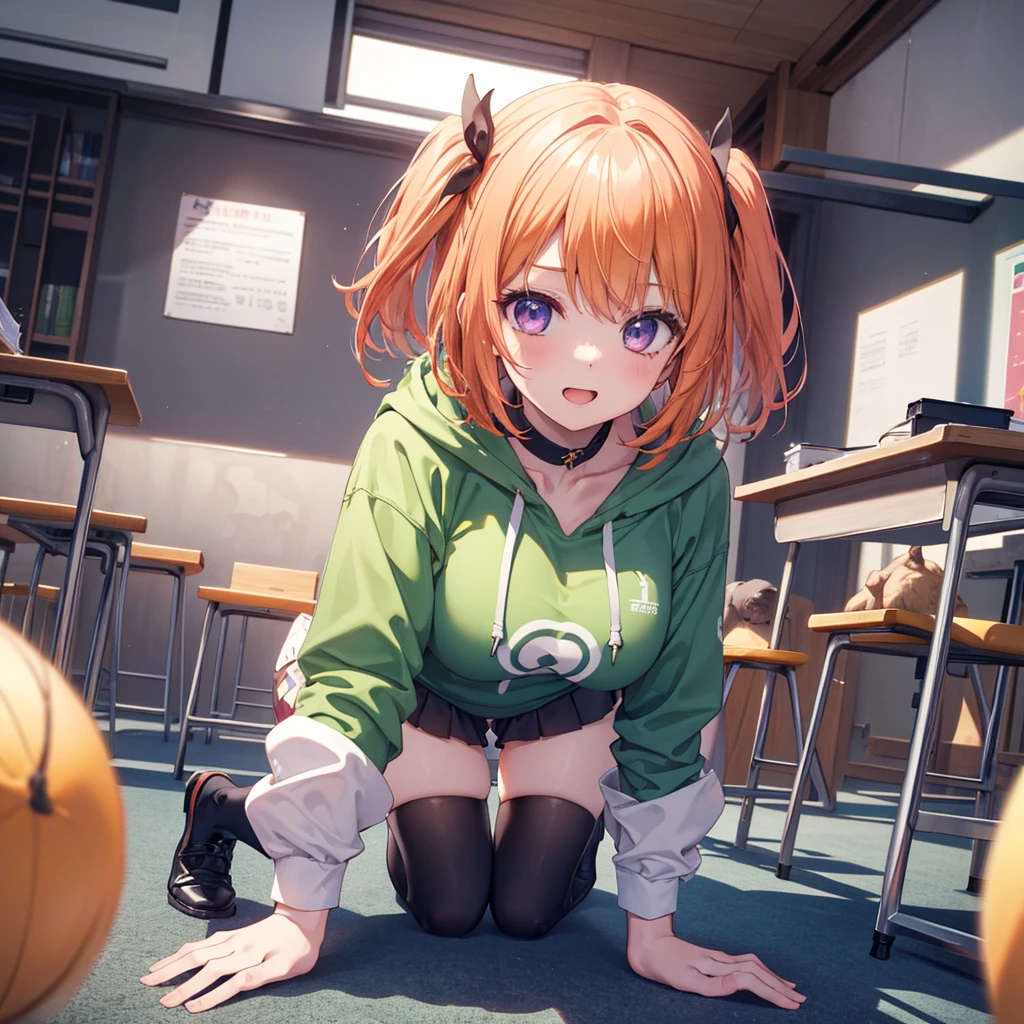 (Recall,On all fours:1.3),(Camel Toe:1.3),Highest quality,Best image quality,Perfect Anatomy,masterpiece,Ultra-detailed,beautiful,super high quality, Highest quality,High resolution, Very detailed,Game CG,Dutch Angle ,beautiful細部までこだわった目,Visual Arts,Five Fingers, Perfect hands,Hide your hands, {{{One Girl}}}, beautiful詳細な女の子, Game CG, Spring flower, One curl on the outside, Short Bob Hair, Pastel orange hair, Purple eyes,Stylish accessories solo, breast enhancement, Medium Shoot, woman, Take-out, Laughter, huge ,,Pastel green checkered mini skirt,Black knee-highs, {{{{{Wearing a pastel green hoodie}}}}},Open your mouth, Daytime Classroom, wonderful, beautiful細部までこだわった目, Highest quality, Very delicate,Masseter muscle area,Highest quality,(Official Art、Highest quality、Unity 8k wallpaper、32K、masterpiece、Ultra-detailed、超High resolution、Realistic、Photorealistic:1.2)、(Cinema Lighting:1.2)、Fire Glow Effect、The most grainy shadows on the film、Side light、Side Shot、(Ultra-detailedで複雑な3Dレンダリング)、Atelier Series,