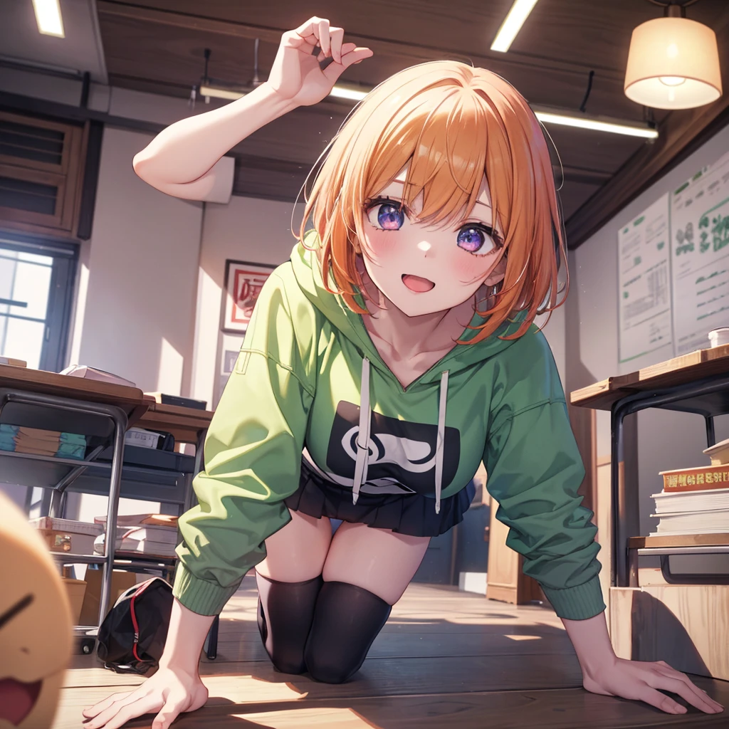 (Recall,On all fours:1.3),(Camel Toe:1.3),Highest quality,Best image quality,Perfect Anatomy,masterpiece,Ultra-detailed,beautiful,super high quality, Highest quality,High resolution, Very detailed,Game CG,Dutch Angle ,beautiful細部までこだわった目,Visual Arts,Five Fingers, Perfect hands,Hide your hands, {{{One Girl}}}, beautiful詳細な女の子, Game CG, Spring flower, One curl on the outside, Short Bob Hair, Pastel orange hair, Purple eyes,Stylish accessories solo, breast enhancement, Medium Shoot, woman, Take-out, Laughter, huge ,,Pastel green checkered mini skirt,Black knee-highs, {{{{{Wearing a pastel green hoodie}}}}},Open your mouth, Daytime Classroom, wonderful, beautiful細部までこだわった目, Highest quality, Very delicate,Masseter muscle area,Highest quality,(Official Art、Highest quality、Unity 8k wallpaper、32K、masterpiece、Ultra-detailed、超High resolution、Realistic、Photorealistic:1.2)、(Cinema Lighting:1.2)、Fire Glow Effect、The most grainy shadows on the film、Side light、Side Shot、(Ultra-detailedで複雑な3Dレンダリング)、Atelier Series,
