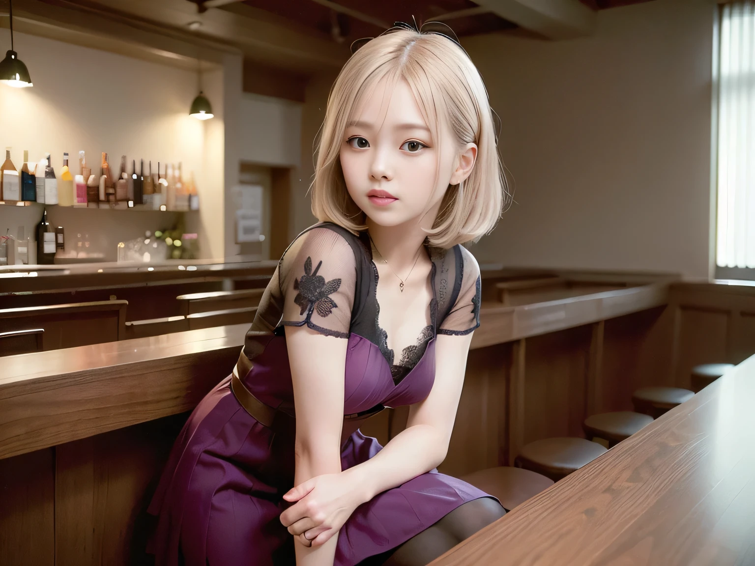 (Highest quality, masterpiece, Ultra-high resolution, 8k, RAW Photos, Realistic, Anatomically correct:1.5), 20-year-old girl:1.2, Embarrassing, avert your eyes, blush:1.0, View Viewer, ((bar)) 、Large windows、Night view、 Light:1.2, Bokeh, Cinema Lighting:1.0, Depth of written boundary, sharp、 Cute Face、Idol、Wine colored short sleeve lace top、Black pleated skirt、Shiny wine-colored clothing、”dwarf”、(Floral clothes)、(Full Body Shot)、Side angle、Cowboy Shot、 smile、((Ultra short hair、Berry Short))、(Straight bangs)、((See-through))、(( One Girl))、Waist、I can see your thighs、