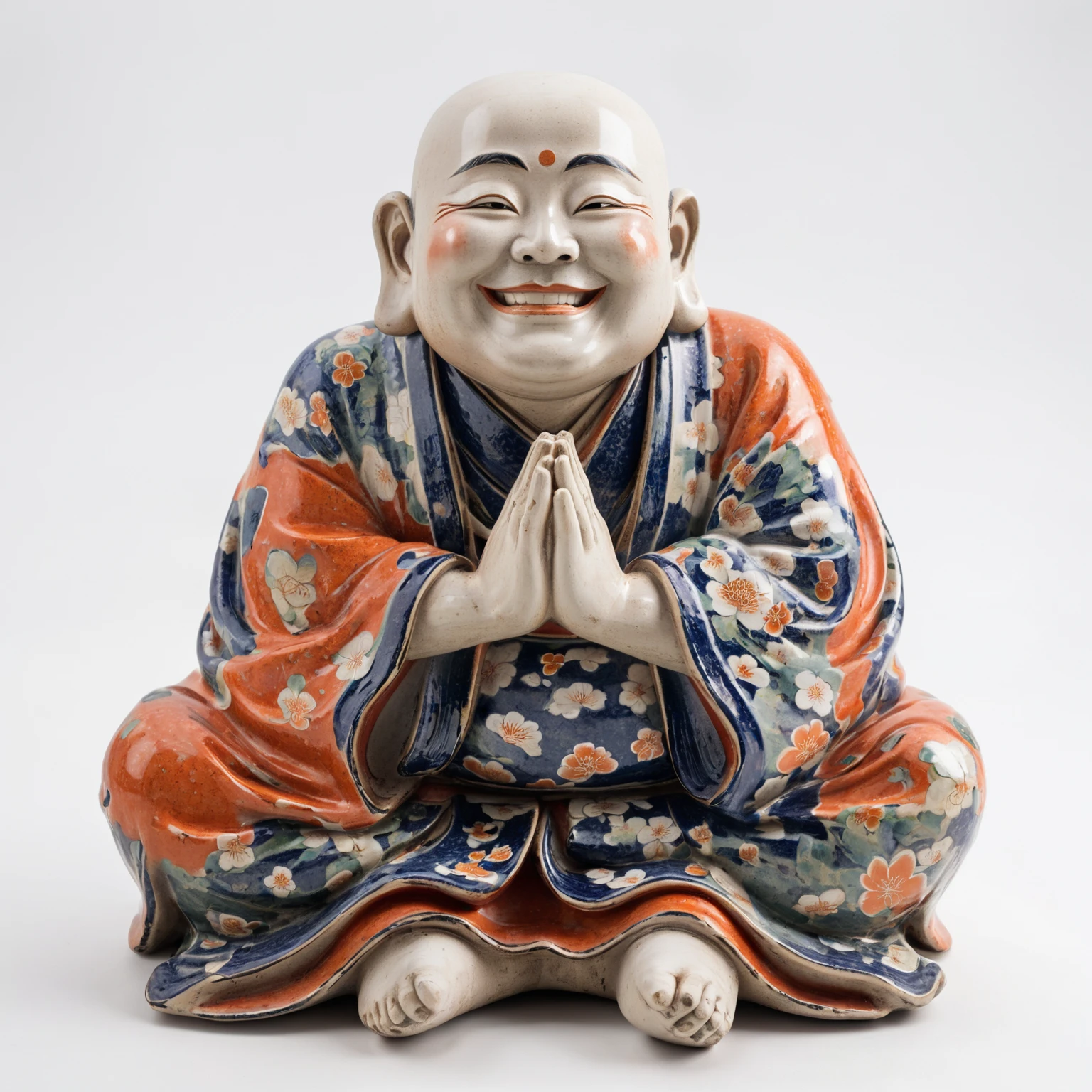 Close-up of a statue of a smiling man with his hands folded, Japanese God, Hotei is on the table, Ancient Japanese monks, Ceramic statue, Studio photo of a ceramic figure, finance, Written by Kano Tan&#39;yū, Inspired by Sesshu Toyo, God of Wealth, Ukiyo-e sculpture,The background is a gold temple,in the forest