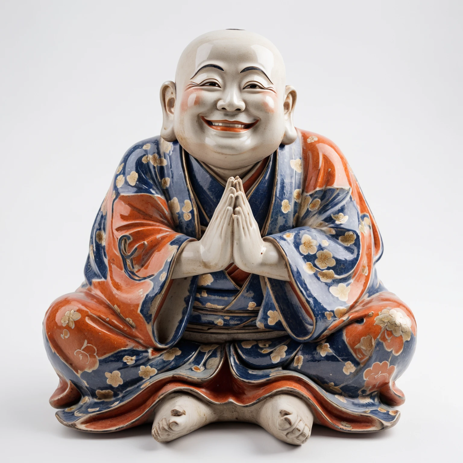 Close-up of a statue of a smiling man with his hands folded, Japanese God, Hotei is on the table, Ancient Japanese monks, Ceramic statue, Studio photo of a ceramic figure, finance, Written by Kano Tan'yū, Inspired by Sesshu Toyo, God of Wealth, Ukiyo-e sculpture,The background is a gold temple,in the forest