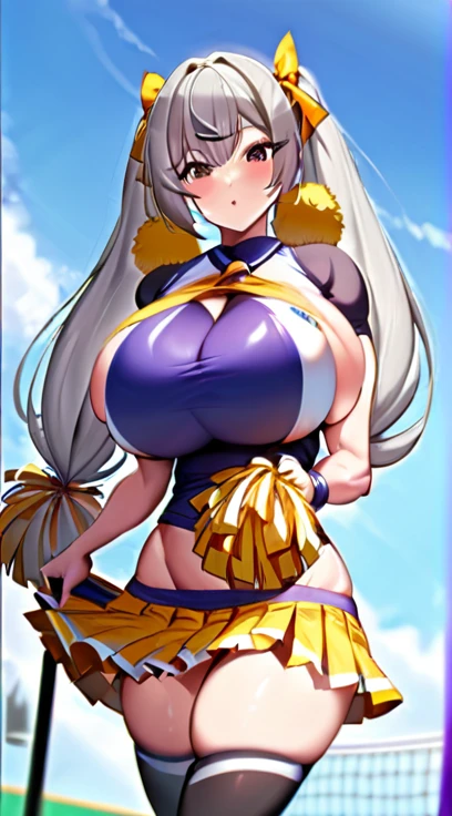 (((masterpiece))), ((highest quality)), ((Very detailed)), ((High resolution)), ((8k)), ((Anatomically correct)), One Woman, Big Breasts, Chestnut Hair, Bun hair, Long Hair, Twin tails, Very cute woman, delicate, Charming smile, Blue eyes, Bright Eyes, Best moment, Vivid eyes, Beautiful Skin, Cute face, delicateな腕, Detailed skin texture, Intricate details, Very detailedな顔, Beautiful Eyes, Beautiful curves, View your viewers, Sweat, Schoolyard at noon, Cheerleader,  Very short skirt, Yellow pom-poms, I&#39;m rooting for you, Lift one leg up, Raise your arms, Cheerful expression,