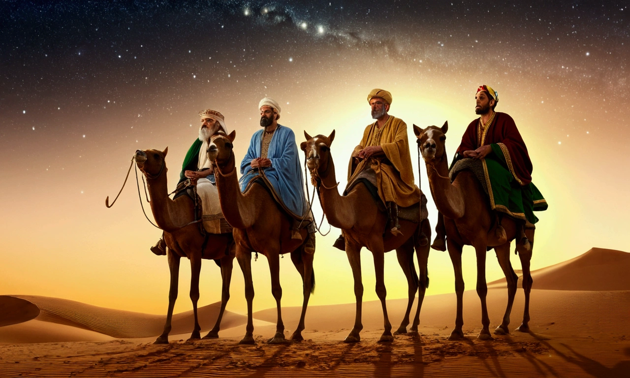 Three men on three camels in jursulan watching a bright star