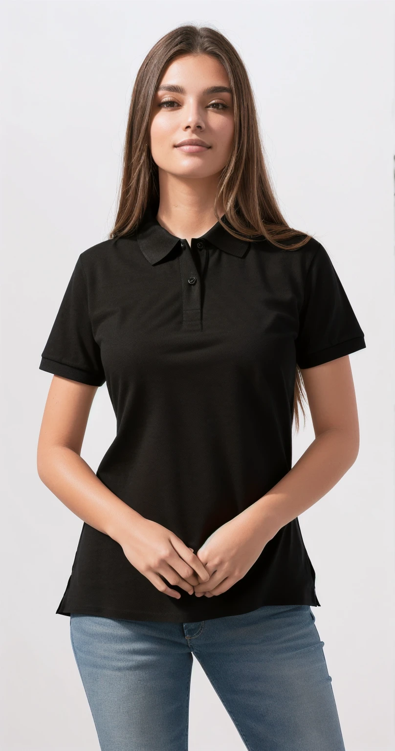 a woman in a black shirt polo and jeans poses for a picture, short sleeves, wearing polo shirt, collared shirt, front portrait, black, “organic, wearing a black shirt, or black, plain, black shirt, 3/4 front view, front-view, wearing a dark blue polo shirt, basic, black t shirt, collar on neck, no logo!!!