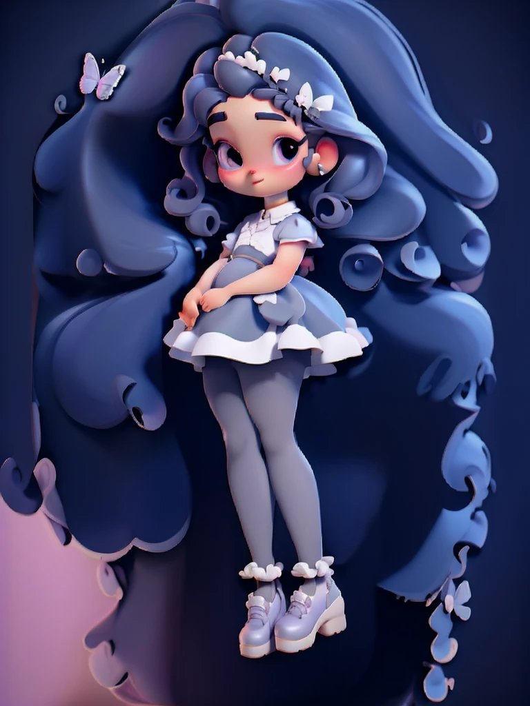 brunette baby drawing, dark shaped eyes, black curly hair with white tiara, white shoes and lilac dress with butterfly 