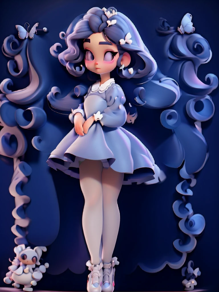 brunette baby drawing, dark shaped eyes, black curly hair with white tiara, white shoes and lilac dress with butterfly