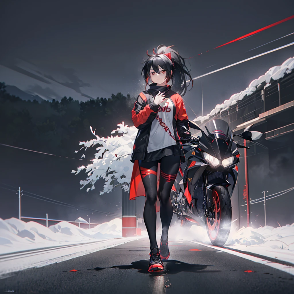 ((((Female rider、forward leaning posture　Full Body Tights、Black　Red Motorcycle、get on))))　(((Black Hair、ponytail、Blowing in the Wind　Bright red eyes、Shining Eyes)))　((Expressway、night))　Shining Edge　Shining Background