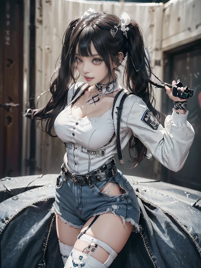 (whole body:1.4)、(Smiling with teeth showing:1.3),(Shibuya Gal:1.5)、(Hollywood actress:1.4)、(Gothic Fashion:1.5)、(Punk rock visual kei:1.3)、(Futuristic black baby doll, white and denim:1.5)、(White denim and a delicate beige and white biker jacket:1.5)、(denim garter belt:1.5)、(Denim and white cargo pants:1.3)、(Heart-shaped silver accessories:1.5)、(Brown Skin Belt:1.4)、(Blue High Heels:1.4)、(Lace underwear:1.4)、20-year-old、Browsing Caution,((Highest quality、In 8K、masterpiece:1.3))、Sharp focus:1.2、(Layered Cut、Beautiful boobs:1.1),Beautiful woman with perfect figure:1.4、(Doing an aerobics pose:1.3)、Slim Abs:1.2、Butt、Highly detailed face and skin texture、Fine grain、double eyelid,(Twin tails:1.3)、(Black brown hair:1.3)、Obscene、Idol Sculpture、(The background is the gorgeous Academy Awards red carpet:1.3)、(Slimming your legs:1.4)、(Thin thighs:1.4)、(The body is slim:1.3)、(clavicle:1.1)