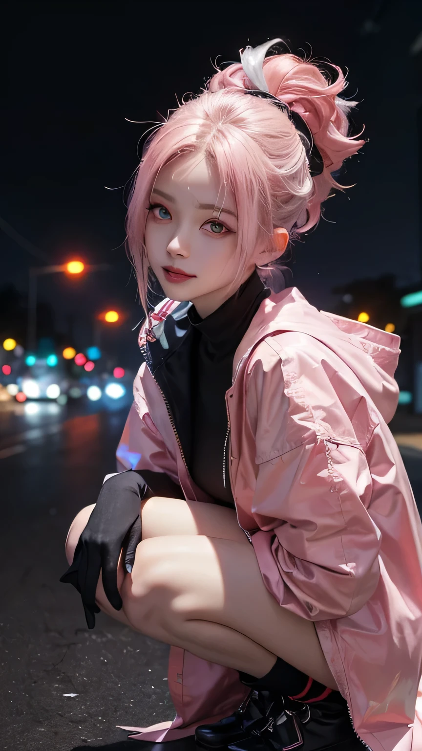 masterpiece ,The image colors are red and black, Squatting in the middle of a towering city, cyber punk, costumes are also cyber punk, Rain 20 year old woman, Platinum-coloured hair, (High Top Fade:1.3), Shoulder-length hair,(Hair with pink gradation at the ends,) ((Pale red eyes,)) Dark Theme, Calm tone, Calm colors, High Contrast, (Natural skin texture, Hyperrealism, Soft Light, sharp)smile,Large size white raincoat,