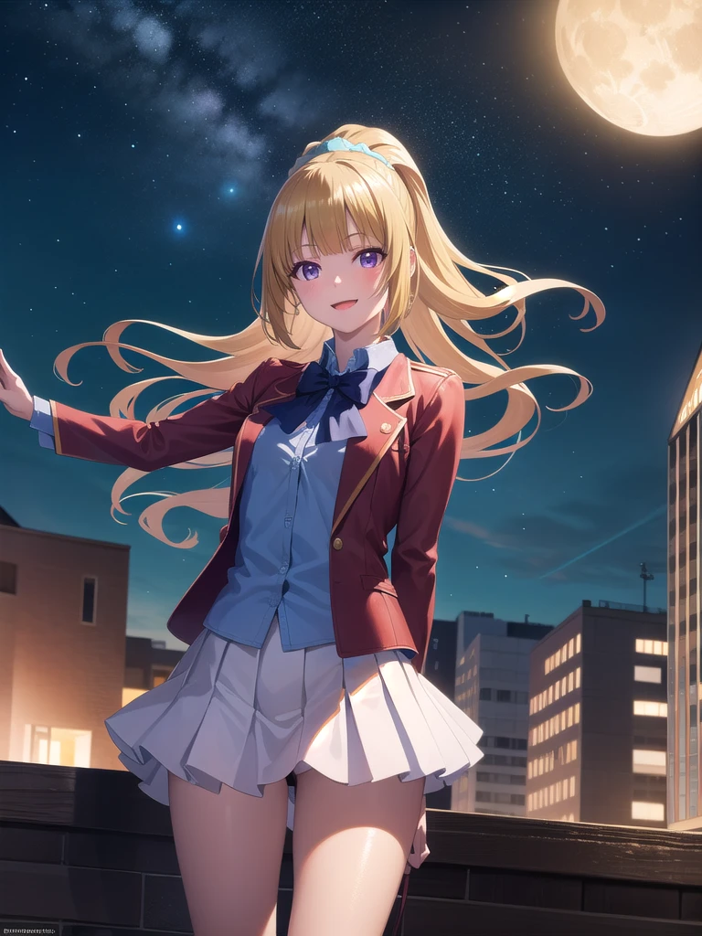 keikaruizawa, kei karuizawa, Long Hair, bangs, blunt bangs, (Purple eyes:1.1), Blonde, shirt, hair ornaments, ponytail, Scrunchie, blue Scrunchie, smile, break skirt, shirt, bow, , Jacket, (red Jacket:1.2), Pleated skirt, bowtie, sweater, (blue bow:1.2), (blue shirt:1.2), break looking at viewer, (Cowboy Shot:1.5), break (masterpiece:1.2), Highest quality, High resolution, unity 8k wallpaper, (figure:0.8), (Beautiful attention to detail:1.6), Highly detailed face, Perfect lighting, Highly detailed CG, (Perfect hands, Perfect Anatomy), , (3D Face:1.1), (Shiny skin:1.5), (超High resolution intricate face details), (Facial skin pores:1.3), 超High resolution cloth texture, 大きなsmile、Blushing、Open your mouth, Showing off her perfect legs, Swayback stance:1.5, armpit:1.6, arms behind back detailed night view, quiet川, Starry Sky, Lush foliage, Wooden dock, Crescent Moon, fire Fly, peaceful, quiet, Cinematic, Dramatic lighting, Gloomy atmosphere, 8k, High resolution, Realistic, Vibrant colors, Atmospheric, Digital Art