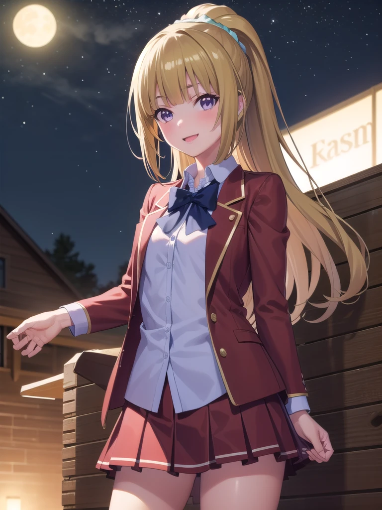 keikaruizawa, kei karuizawa, Long Hair, bangs, blunt bangs, (Purple eyes:1.1), Blonde, shirt, hair ornaments, ponytail, Scrunchie, blue Scrunchie, smile, break skirt, shirt, bow, , Jacket, (red Jacket:1.2), Pleated skirt, bowtie, sweater, (blue bow:1.2), (blue shirt:1.2), break looking at viewer, (Cowboy Shot:1.5), break (masterpiece:1.2), Highest quality, High resolution, unity 8k wallpaper, (figure:0.8), (Beautiful attention to detail:1.6), Highly detailed face, Perfect lighting, Highly detailed CG, (Perfect hands, Perfect Anatomy), , (3D Face:1.1), (Shiny skin:1.5), (超High resolution intricate face details), (Facial skin pores:1.3), 超High resolution cloth texture, 大きなsmile、Blushing、Open your mouth, Showing off her perfect legs, Swayback stance:1.5, armpit:1.6, arms behind back detailed night view, quiet川, Starry Sky, Lush foliage, Wooden dock, Crescent Moon, fire Fly, peaceful, quiet, Cinematic, Dramatic lighting, Gloomy atmosphere, 8k, High resolution, Realistic, Vibrant colors, Atmospheric, Digital Art