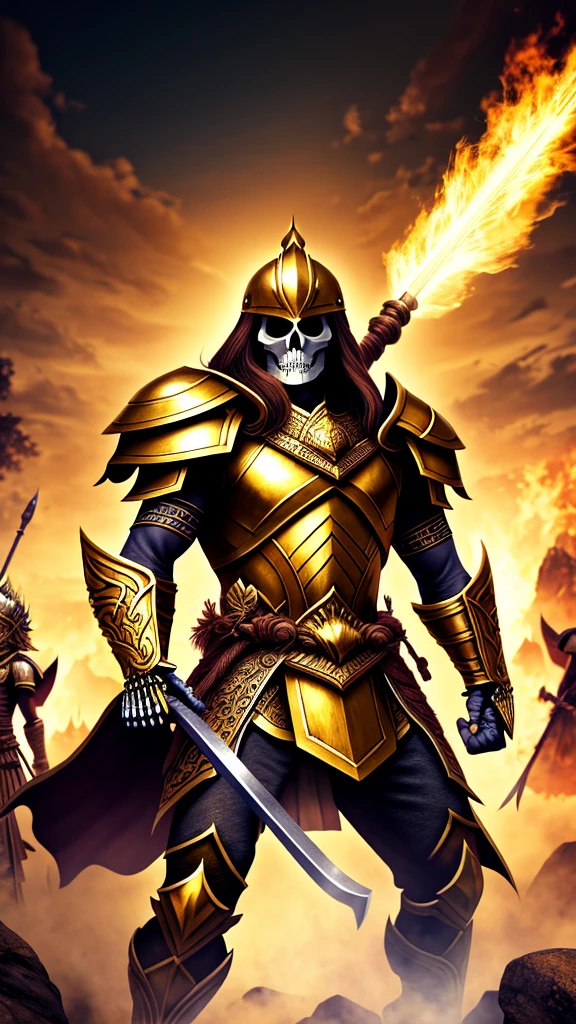 Depicts a skeleton warrior wearing a golden Myanmar worries suit、Create ultra-detailed 4K resolution digital artwork。. The artwork is、We need to paint a portrait of the determined faces of warriors at street level.。. Lighting should be dynamic, Highlight the intricate details of your character. The overall style is、It should resemble a splash art with three colors and deep tones。. The artwork should have a calm, picture-book feel.. Warriors shouldn&#39;t cut their hair. Please recommend the best camera model and lens to photograph the artwork..