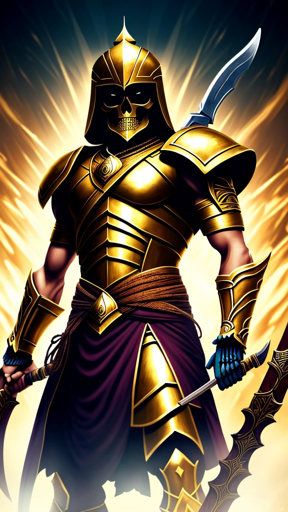 Depicts a skeleton warrior wearing a golden Myanmar worries suit、Create ultra-detailed 4K resolution digital artwork。. The artwork is、We need to paint a portrait of the determined faces of warriors at street level.。. Lighting should be dynamic, Highlight the intricate details of your character. The overall style is、It should resemble a splash art with three colors and deep tones。. The artwork should have a calm, picture-book feel.. Warriors shouldn&#39;t cut their hair. Please recommend the best camera model and lens to photograph the artwork..