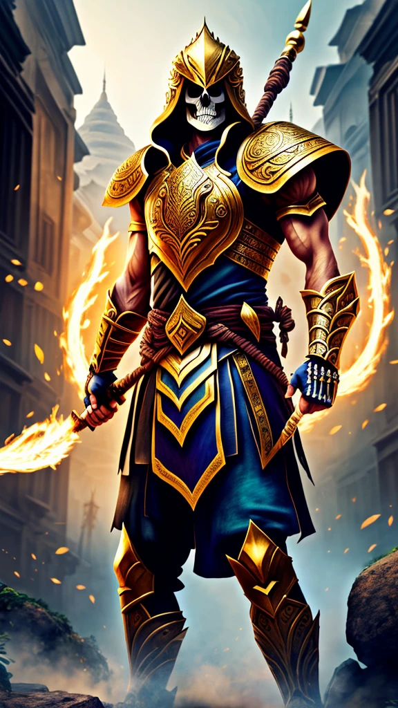 Depicts a skeleton warrior wearing a golden Myanmar worries suit、Create ultra-detailed 4K resolution digital artwork。. The artwork is、We need to paint a portrait of the determined faces of warriors at street level.。. Lighting should be dynamic, Highlight the intricate details of your character. The overall style is、It should resemble a splash art with three colors and deep tones。. The artwork should have a calm, picture-book feel.. Warriors shouldn&#39;t cut their hair. Please recommend the best camera model and lens to photograph the artwork..