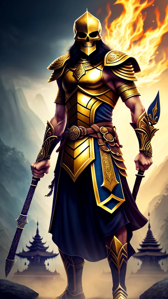 Depicts a skeleton warrior wearing a golden Myanmar worries suit、Create ultra-detailed 4K resolution digital artwork。. The artwork is、We need to paint a portrait of the determined faces of warriors at street level.。. Lighting should be dynamic, Highlight the intricate details of your character. The overall style is、It should resemble a splash art with three colors and deep tones。. The artwork should have a calm, picture-book feel.. Warriors shouldn&#39;t cut their hair. Please recommend the best camera model and lens to photograph the artwork..