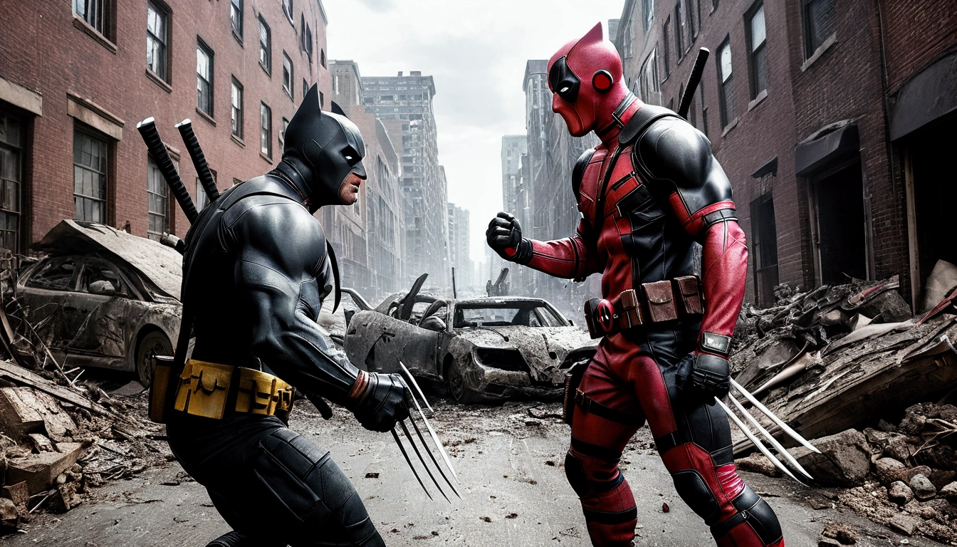 Very detailed,Deadpool and Wolverine,Battle against Batman,Intricate details,Collapsed streets,of war