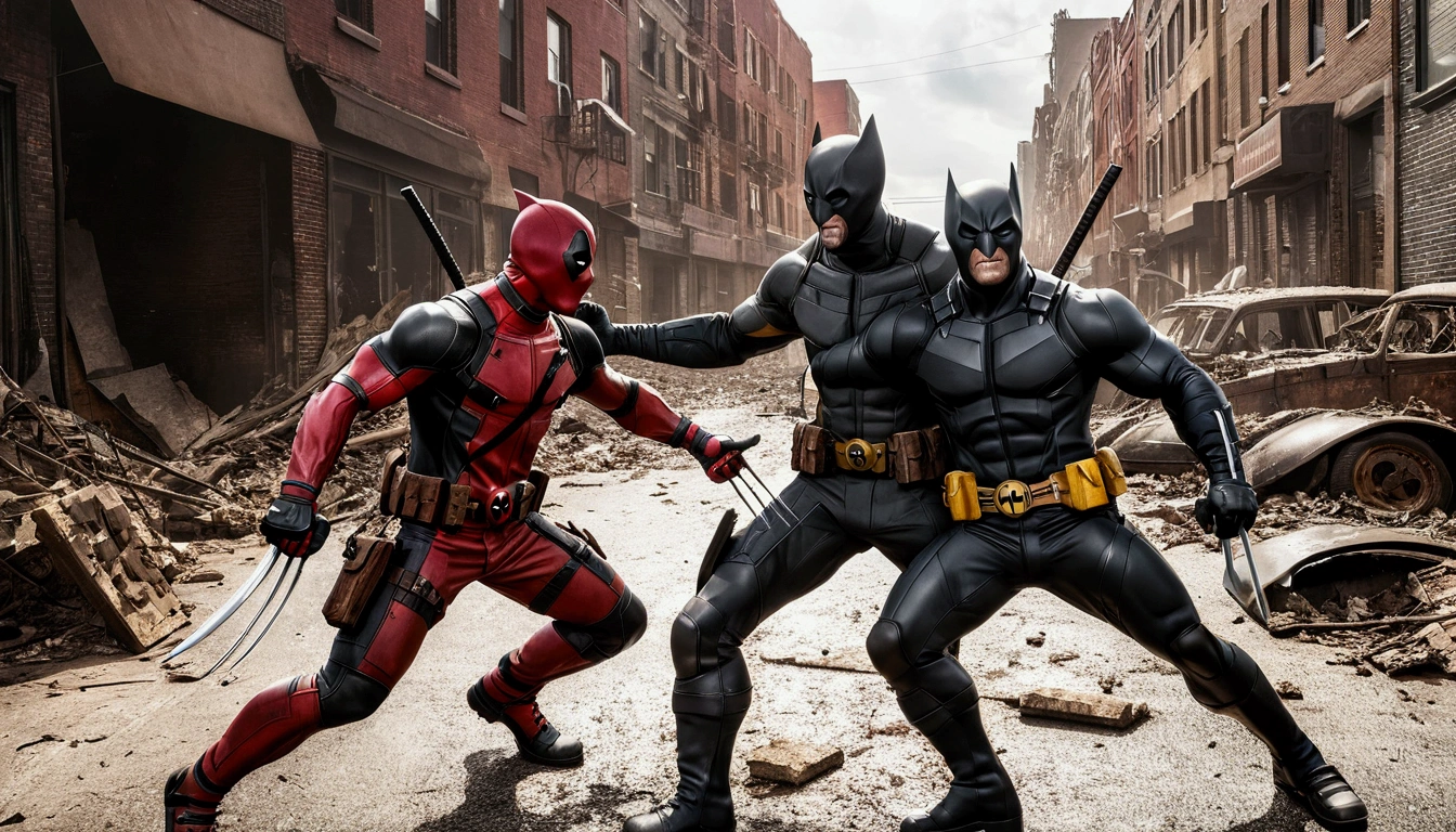 Very detailed，Deadpool and Wolverine，Battle against Batman，Intricate details，Collapsed streets，of war