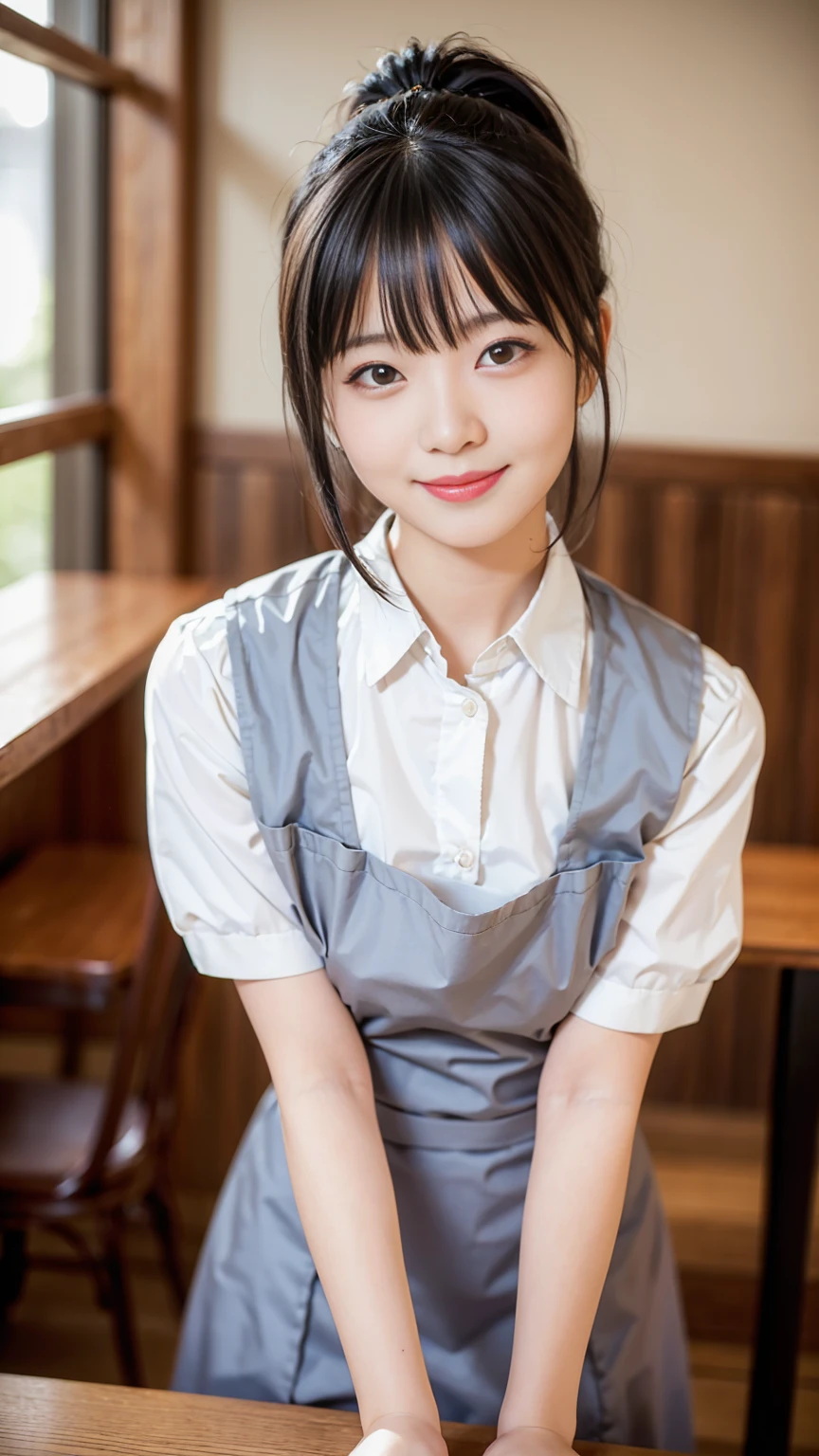 (Highest quality,masterpiece:1.3,Ultra-high resolution,),(Very detailed,Caustics),(Realistic:1.4,RAW shooting,)Ultra-Realistic Capture,Very detailed,High resolution 16k human skin closeup。 Natural skin texture、,pores、、、、It must be detailed enough to be easily identifiable。 Skin tone is even and healthy looking。 Use natural light and colour,restaurant,Waitress Uniform,1 girl,Japanese,18-year-old,cute,Black-haired,ponytail,Big Breasts,smile,Turn your body forward,(Front view:1.1),Looking into the camera,Cowboy Shot,