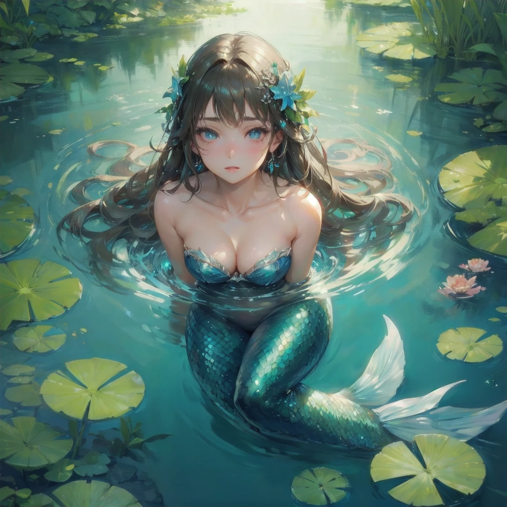 masterpiece, (textured skin), best quality, gorgeous beautiful, (a beautiful girl,mermaid),detailed clothes,large breasts,narrow waist,, (beautiful face), cinematic lighting, (fantasy anime art ),
