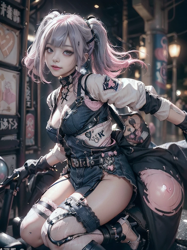 (Full Body View:1.2)、(Full body:1.3)、(Smiling with teeth showing:1.3),(Shibuya Gal:1.5)、(Beautiful:1.4)、(gothic fashion:1.5)、(Punk RockVisual Kei:1.3)、(Futuristic baby doll in black, white and denim:1.5)、(A delicate jacket in beige, black and navy:1.5)、(Denim garter belt:1.5)、(Denim and black and white bodysuit:1.4)、(Heart-shaped silver accessories:1.5)、(Brown Skin Belt:1.4)、(Blue High Heels:1.4)、(Lace patterned underwear:1.4)、28 years old、NSFW,((Highest quality、In 8K、masterpiece:1.3))、Sharp focus:1.2、(Layered Cut、Beautiful boobs:1.1),Beautiful woman with perfect figure:1.4、(Doing an aerobics pose:1.3)、Slender Abs:1.2、Butt、Highly detailed face and skin texture、Detailed eyes、double eyelid,(Twin tails:1.3)、(Pink Hair:1.3)、Obscene、Gravure idol、(Luxurious amusement park at night:1.3)、(Make your legs thinner:1.4)、(Thin thighs:1.4)、(Slim Body:1.3)、(clavicle:1.1)