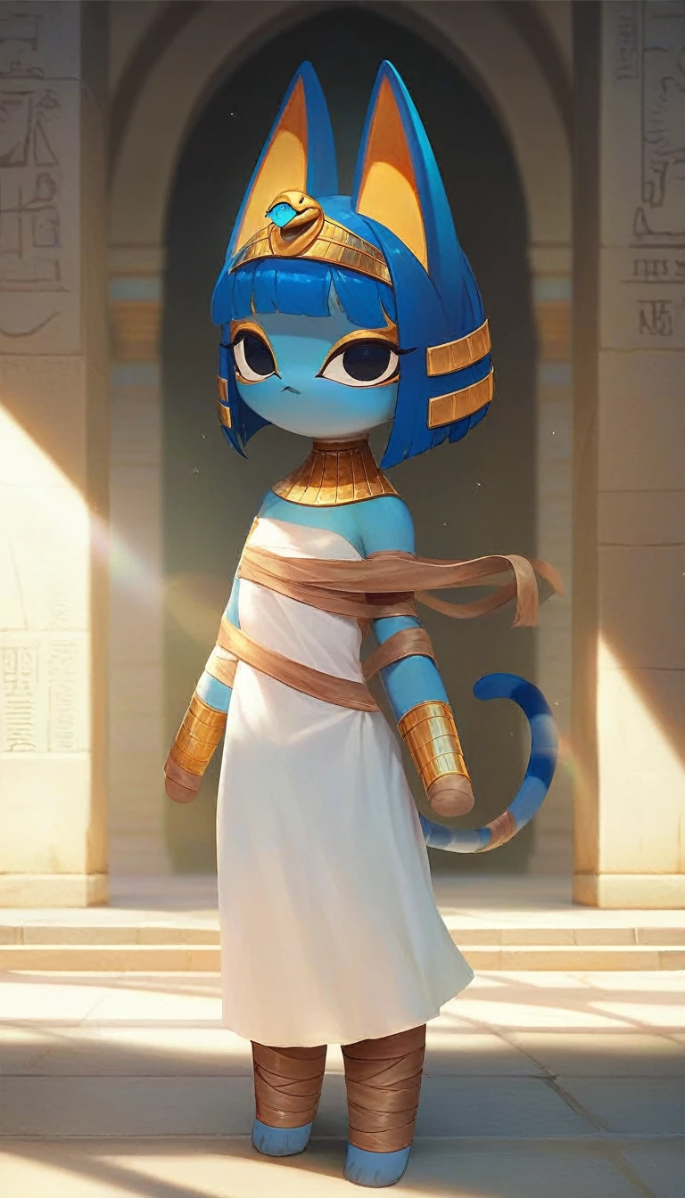 1girl,Artist Name,Egyptian cat,Blue Hair,skin,Keep your mouth shut,Wear,whole body,solo,Standing,猫Tail,Keep your mouth shut,Wear,Looking at the audience,Animal Crossing Furry, Blue Hair, Hair accessories, 黄skin, black eyes, White Dress, Tail, Egyptian Pyramids,mummy,Sunlight,sunny,(masterpiece), ((best quality), Detailed background, masterpiece, best quality, high quality, absurd, The award-winning, professional, Very detailed