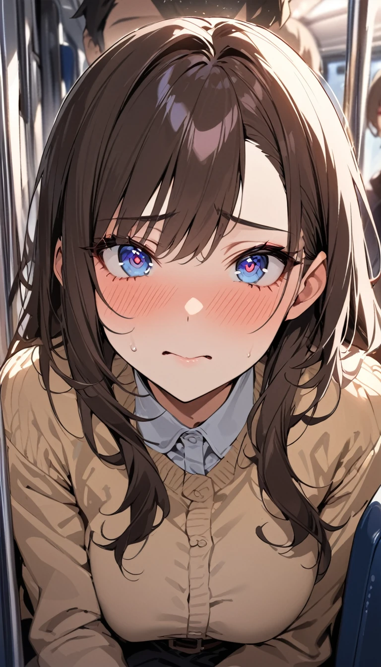 masterpiece, High resolution, perfect face, Japan beauties, 30 years old, beautiful face, in the crowded train, high school student, embarrassed look, look at the camera, (top quality eyes), detailed texture, Look at me, Married woman, cool women, ((high resolution eyes)), hentai