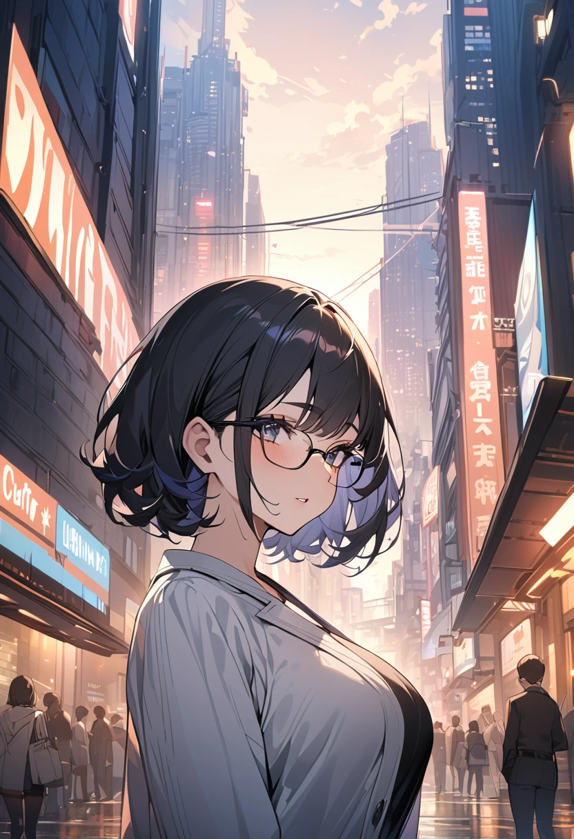 Highest quality,Highest Resolution,sexy，Big Breasts,so beautiful，1 female，young woman，alone，Black Short Hair，Glasses, city，Calm expression