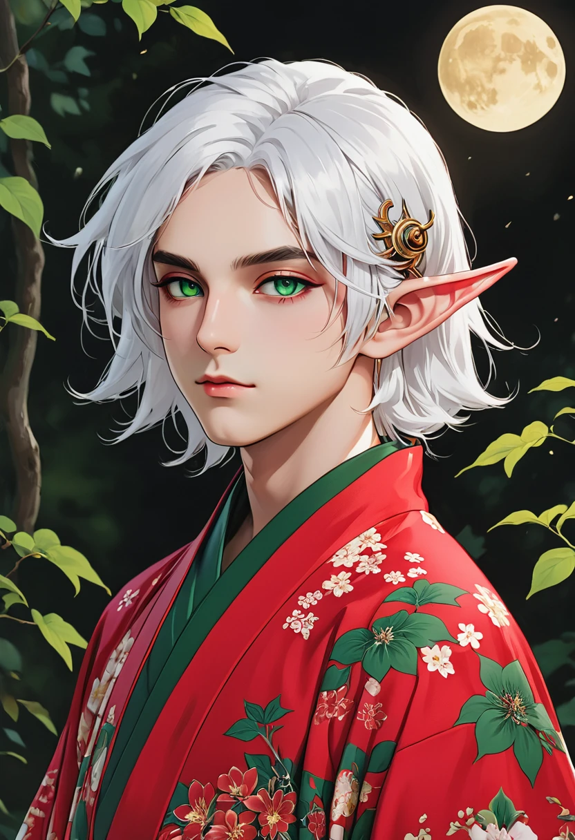 Japanese Anime,Gothic Art,(((1 Boy,独奏,third eye on the forehead,Dark eyeshadow.Middle-parted white hair-super short hair,Elf ears))),(((Gorgeous Japanese red kimono:1.6,Eye Diagram,Dark Pattern))).(((Thin waist,Greenbelt:1.37)))