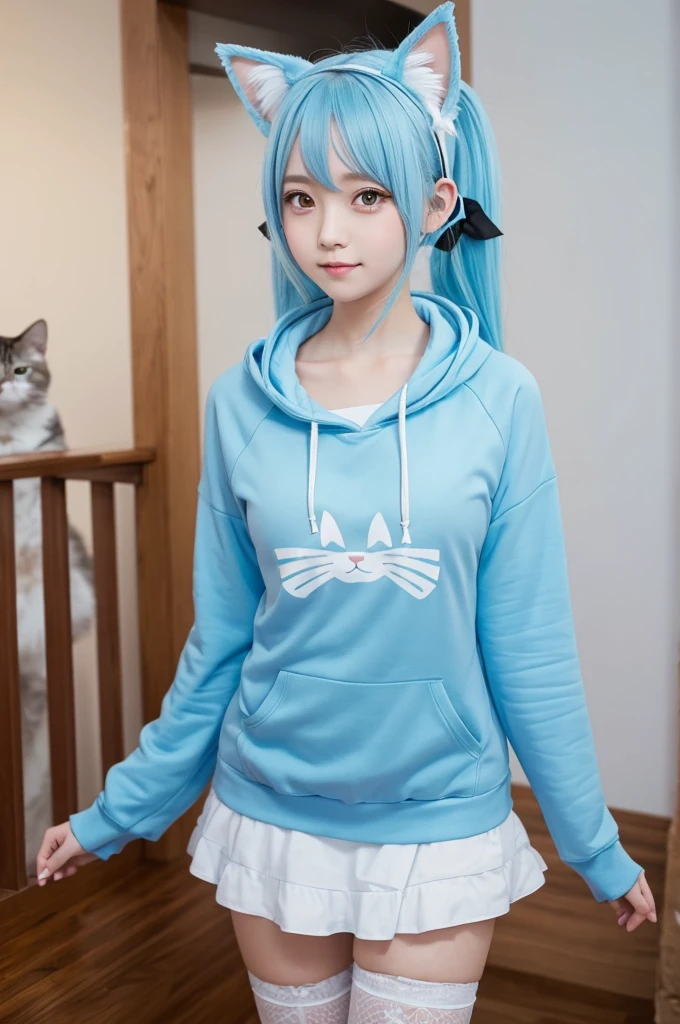A girl with light blue hair is wearing a maid outfit and a cat ear hoodie on top. She is not showing much skin.