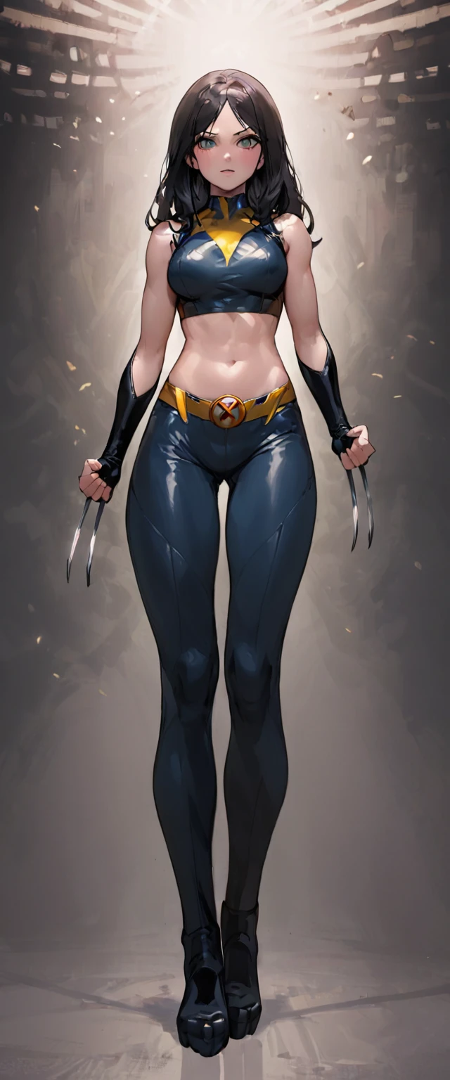 ((Full body shot, standing, feet on the ground))  photo of a beautiful (laura_kinney), (claws), midriff, navel, pants, (abs:0.7), (medium shot), masterpiece, best quality, superhero costume, wolverine, 