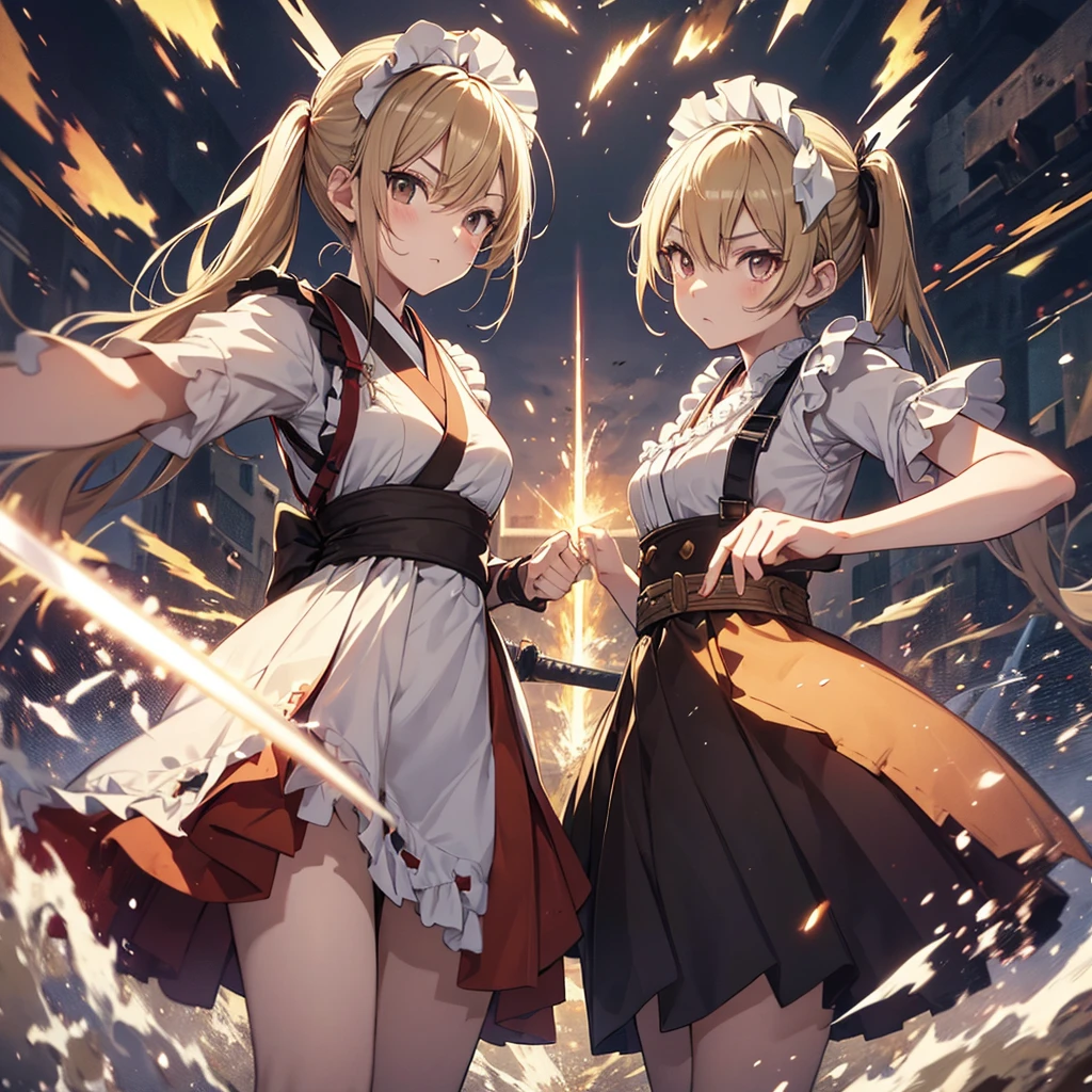 whole body, jump up and down, , duel, Japanese sword, Gunfight, 2 girl, fierce battle, hostility, Maid clothes, brown and blonde, twin tails, very cute, hate each other, battlefield, lively, spark, fire, machine gun