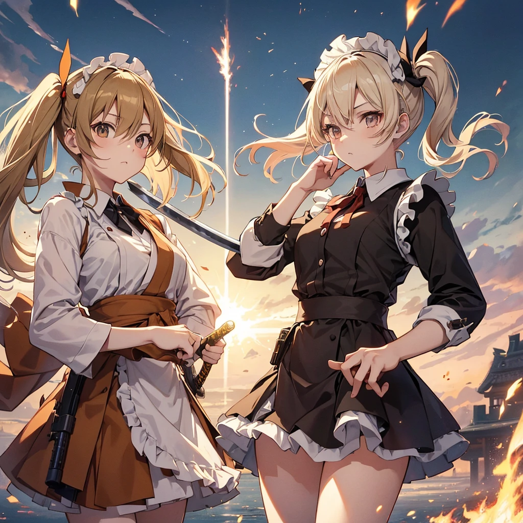 whole body, jump up and down, , duel, Japanese sword, Gunfight, 2 girl, fierce battle, hostility, Maid clothes, brown and blonde, twin tails, very cute, hate each other, battlefield, lively, spark, fire, machine gun