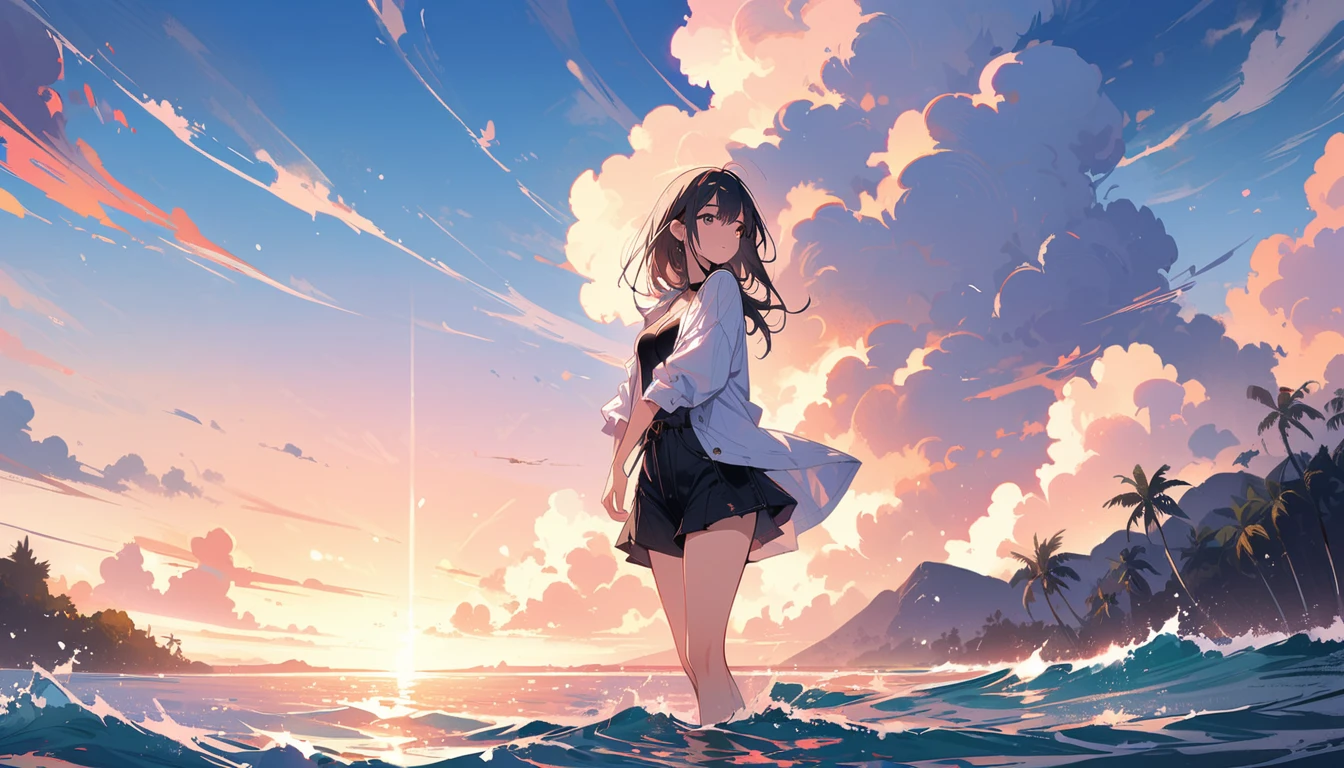 (masterpiece, Highest quality:1.2), 1 Girl, alone,Eyes open,Tropical atmosphere,Ocean,playing