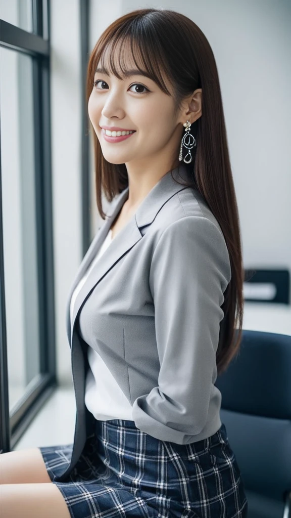 (Japanese Office Lady、25 year old Japanese woman:1.2)、One Woman、Very beautiful woman、(Checked business suit、Navy Business Suit、Suit skirt:1.3)、Black high heels、Direct your gaze this way、Smiling Kindly、Detailed face、Detailed eyes、Beautiful Lips、Beautiful eyes、Semi-long hair、Black Hair、Narrow Face、Thin face、Natural Makeup、Beautiful feet、Simple earrings、At the company office、Office with desks and chairs、Office with big windows、Woman walking indoors、((RAW Photos、clear color photos))、Perfect proportions、Lifelike skin texture