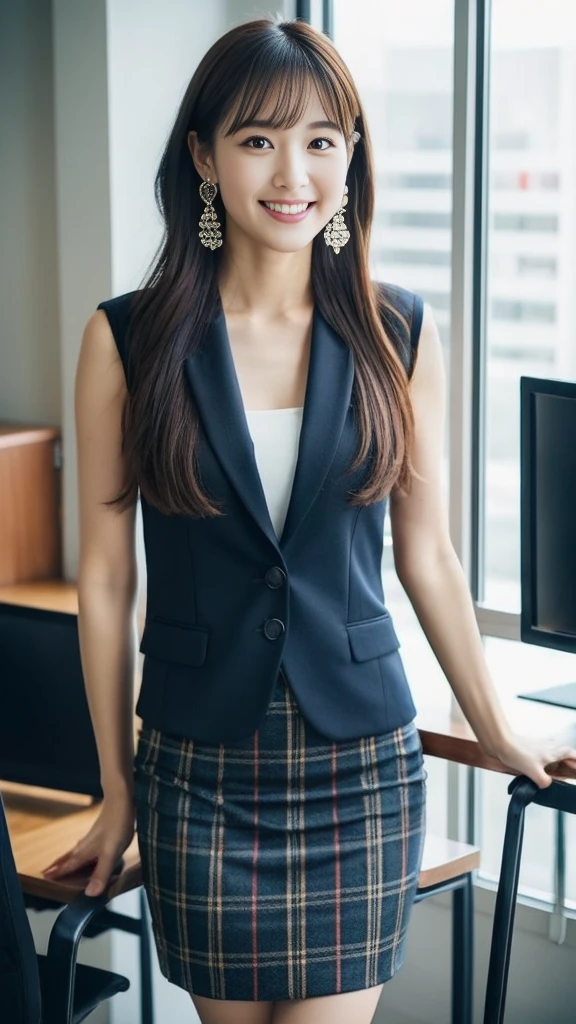 (Japanese Office Lady、25 year old Japanese woman:1.2)、One Woman、Very beautiful woman、(Checked business suit、Navy Business Suit、Suit skirt:1.3)、Black high heels、Direct your gaze this way、Smiling Kindly、Detailed face、Detailed eyes、Beautiful Lips、Beautiful eyes、Semi-long hair、Black Hair、Narrow Face、Thin face、Natural Makeup、Beautiful feet、Simple earrings、At the company office、Office with desks and chairs、Office with big windows、Woman walking indoors、((RAW Photos、clear color photos))、Perfect proportions、Lifelike skin texture